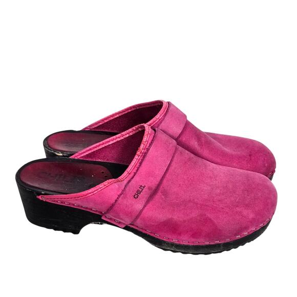 Vintage Chilis Hot Pink Clog Suede Leather Block Wood Heel Chunky Mules Retro 39 - Picture 1 of 16